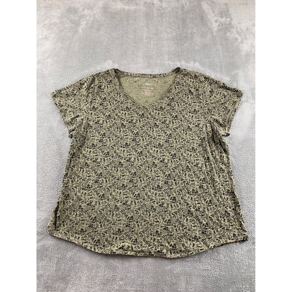 Sonoma Goods For Life Womens XXL Everyday Tee Olive Green Floral V-Neck T-Shirt